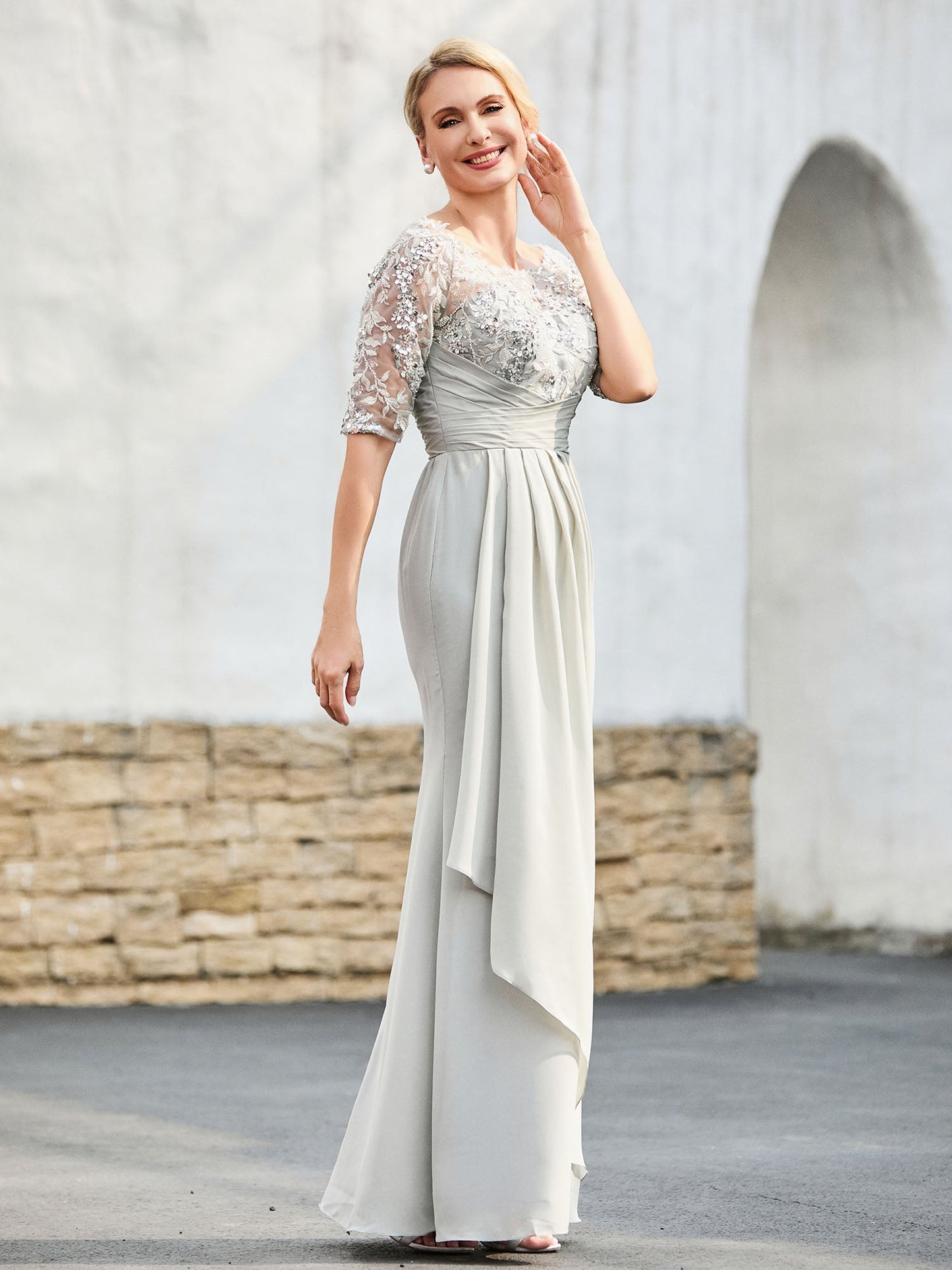 Lace Appliqued Top with Sequins Sheath Dress Silver