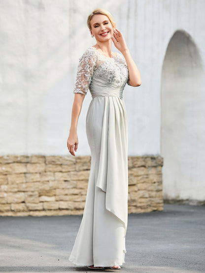 Lace Appliqued Top with Sequins Sheath Dress Silver