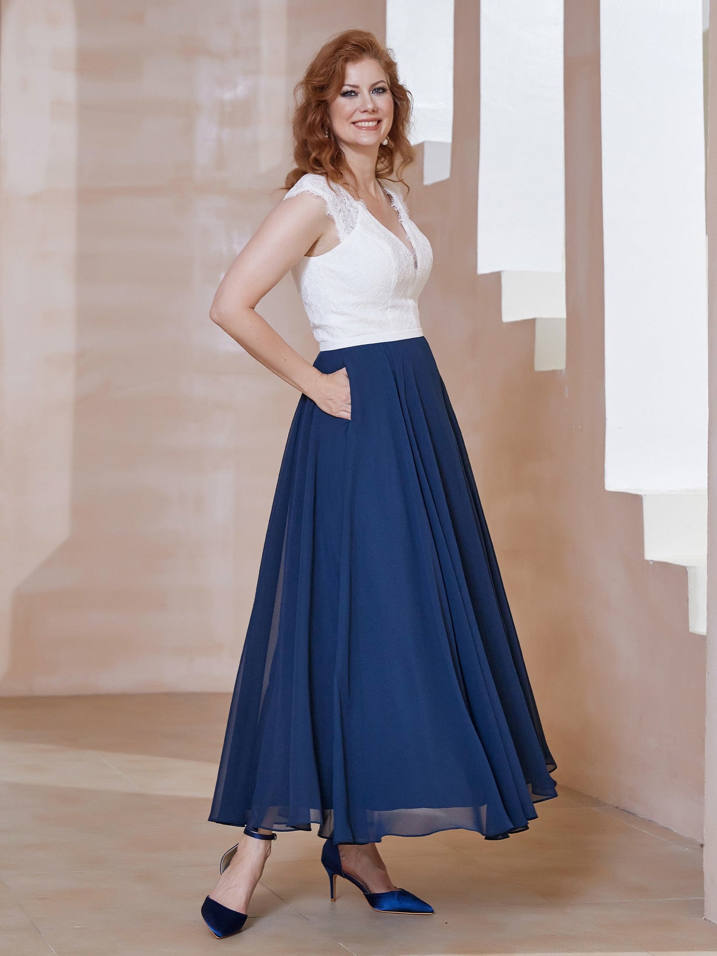 Deep V Neck Sleeveless Chiffon Dress With Pockets Dark Navy