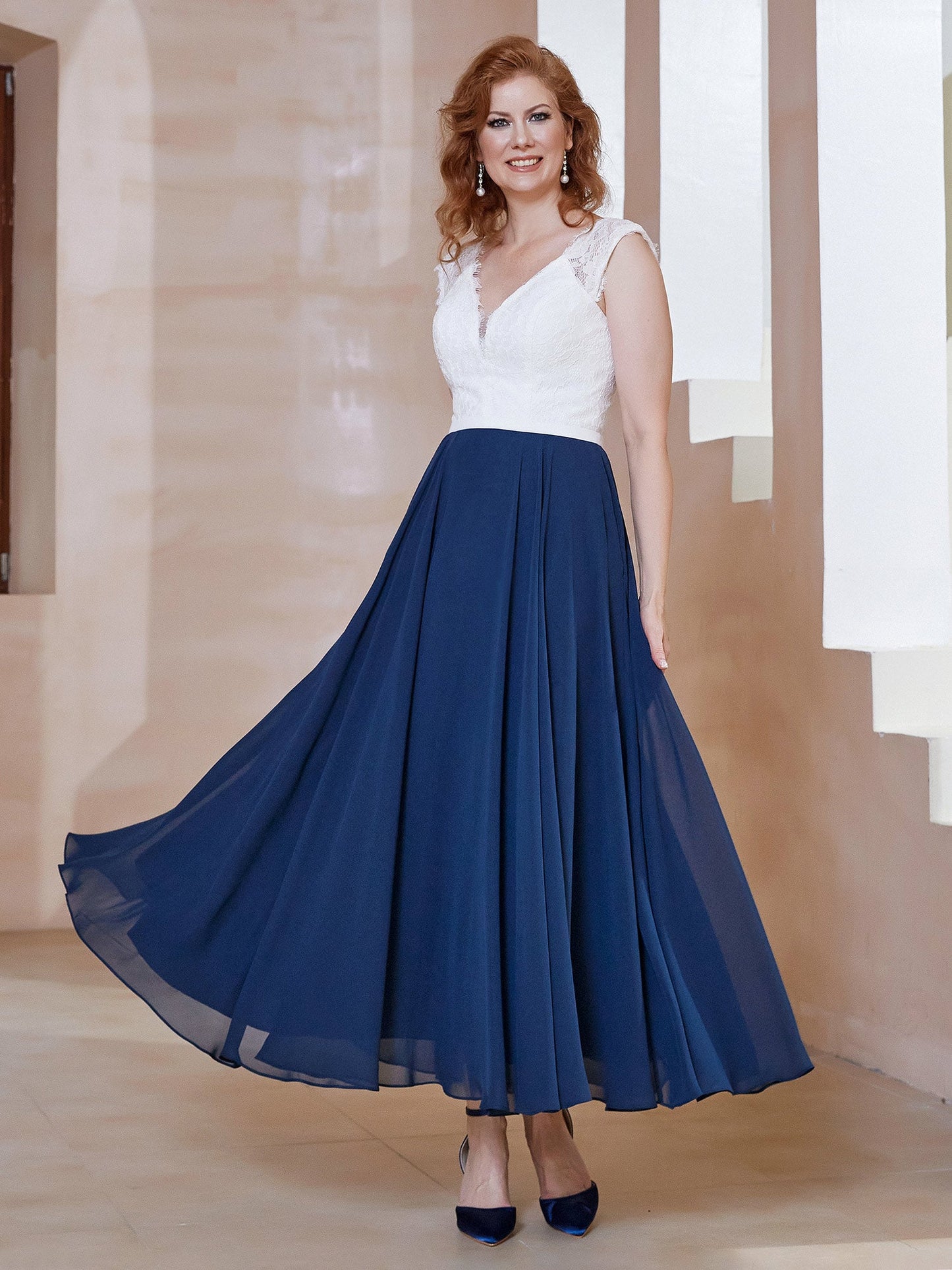 Deep V Neck Sleeveless Chiffon Dress With Pockets Dark Navy