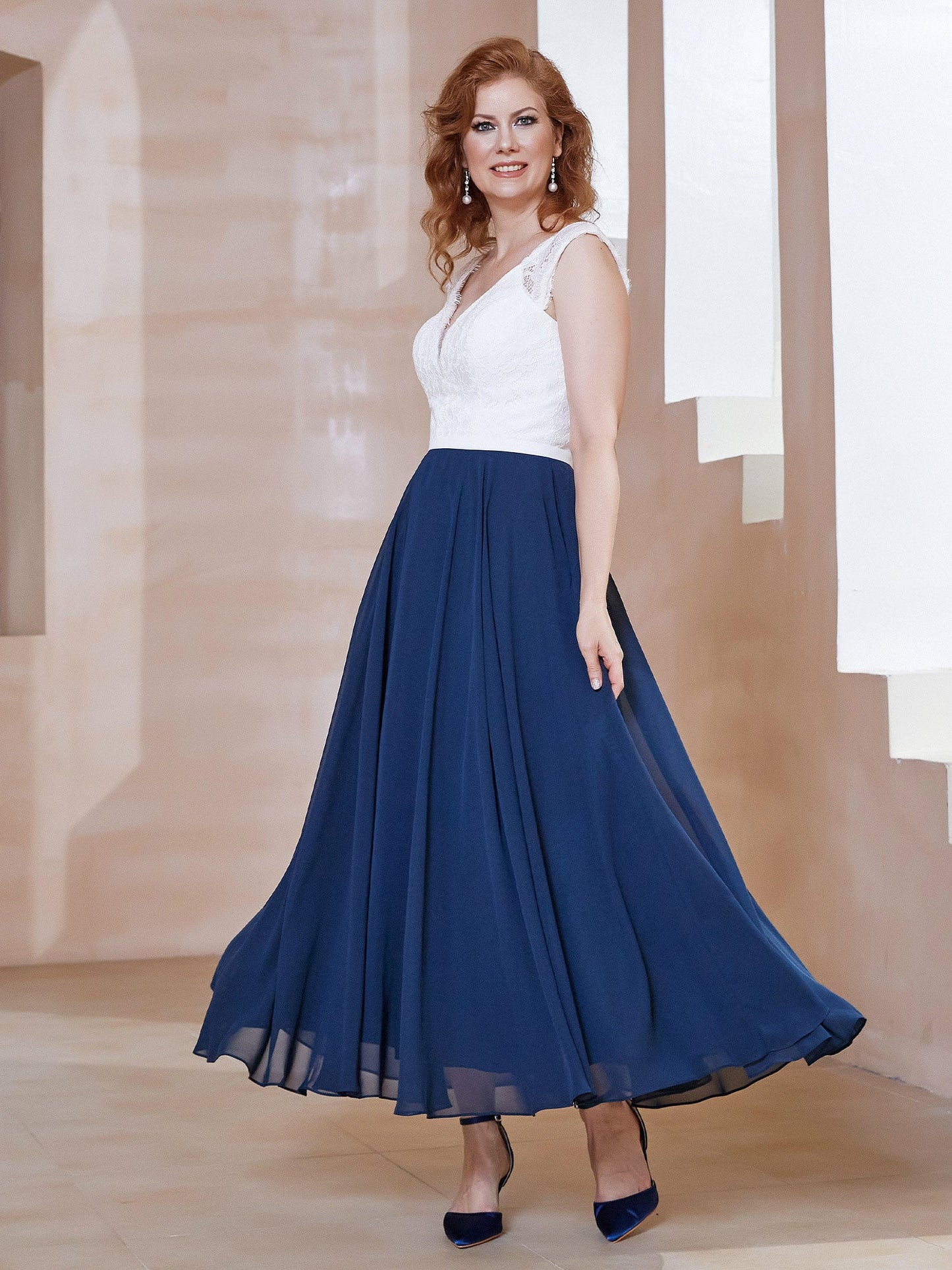 Deep V Neck Sleeveless Chiffon Dress With Pockets Dark Navy