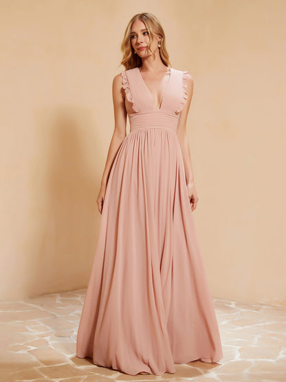 Plunging V-neck Ruffles Pleated Dress With Silt Dusty Rose