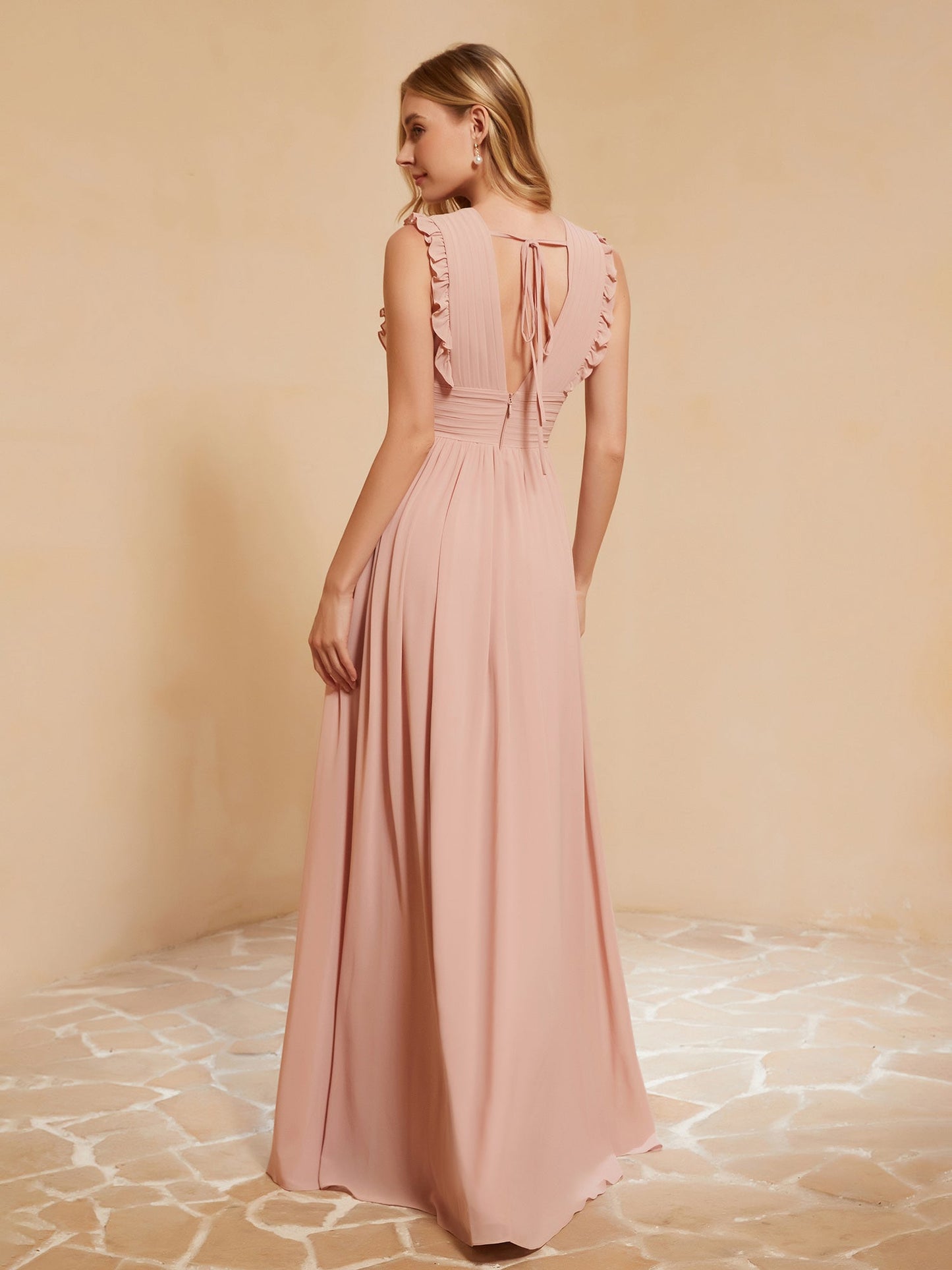 Plunging V-neck Ruffles Pleated Dress With Silt Dusty Rose