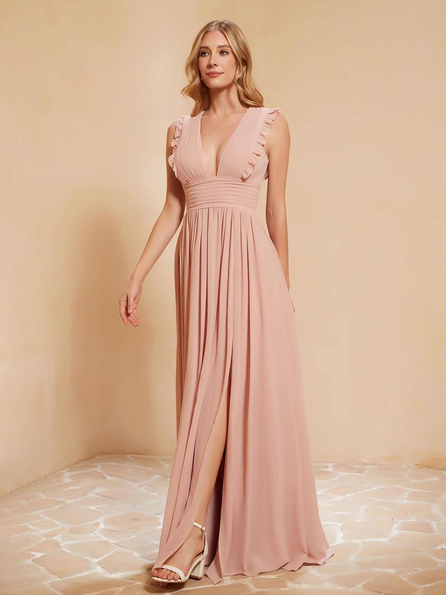 Plunging V-neck Ruffles Pleated Dress With Silt Dusty Rose