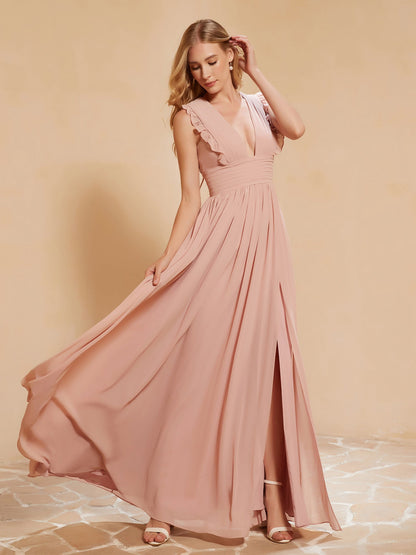 Plunging V-neck Ruffles Pleated Dress With Silt Dusty Rose