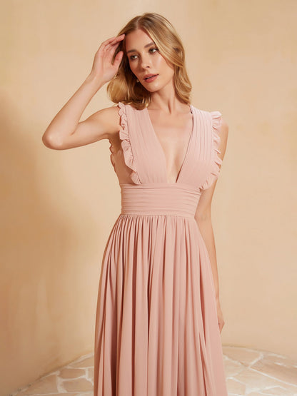 Plunging V-neck Ruffles Pleated Dress With Silt Dusty Rose