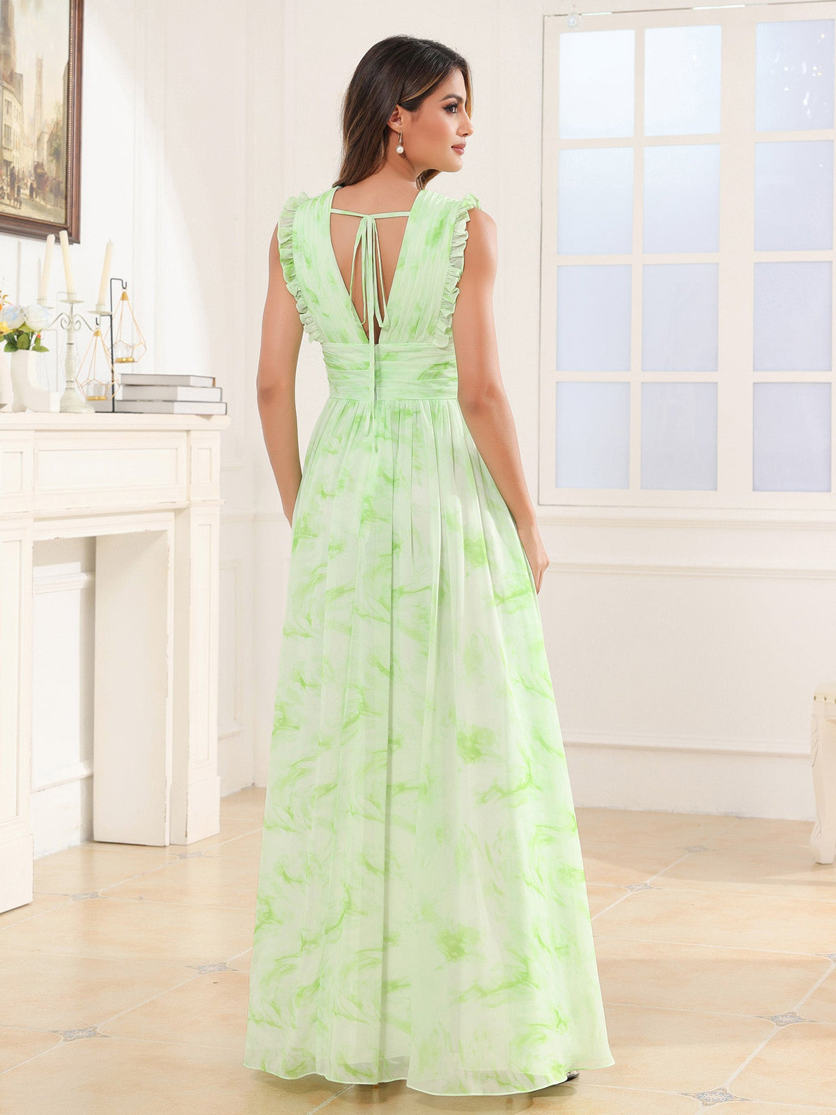 Plunging V-neck Ruffles Pleated Dress With Silt Sage Dream