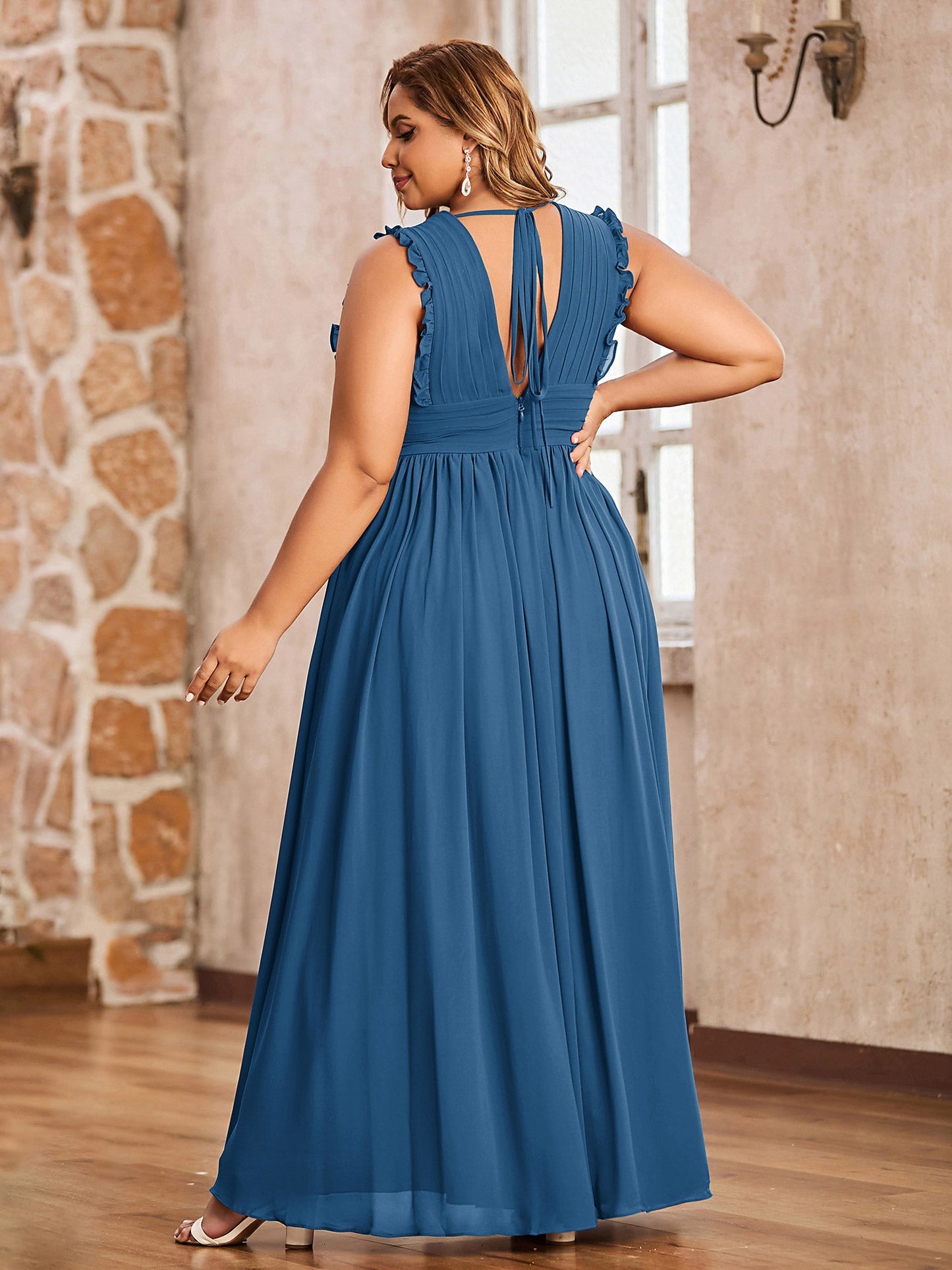 Plunging V-neck Ruffles Pleated Dress With Silt Ink Blue Plus Size