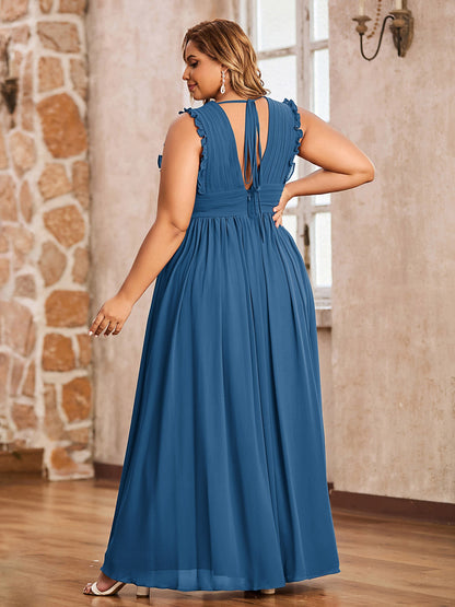 Plunging V-neck Ruffles Pleated Dress With Silt Ink Blue Plus Size