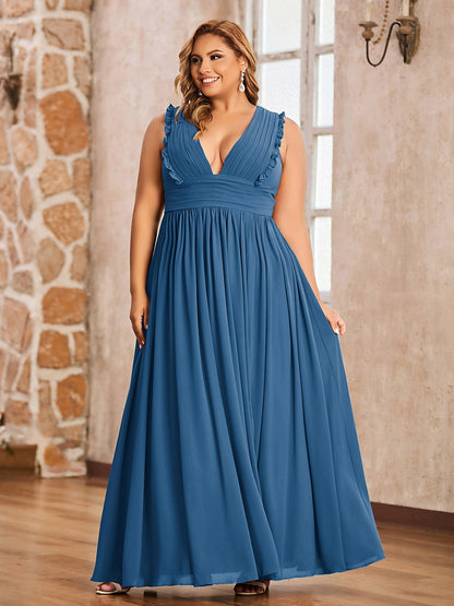 Plunging V-neck Ruffles Pleated Dress With Silt Ink Blue Plus Size