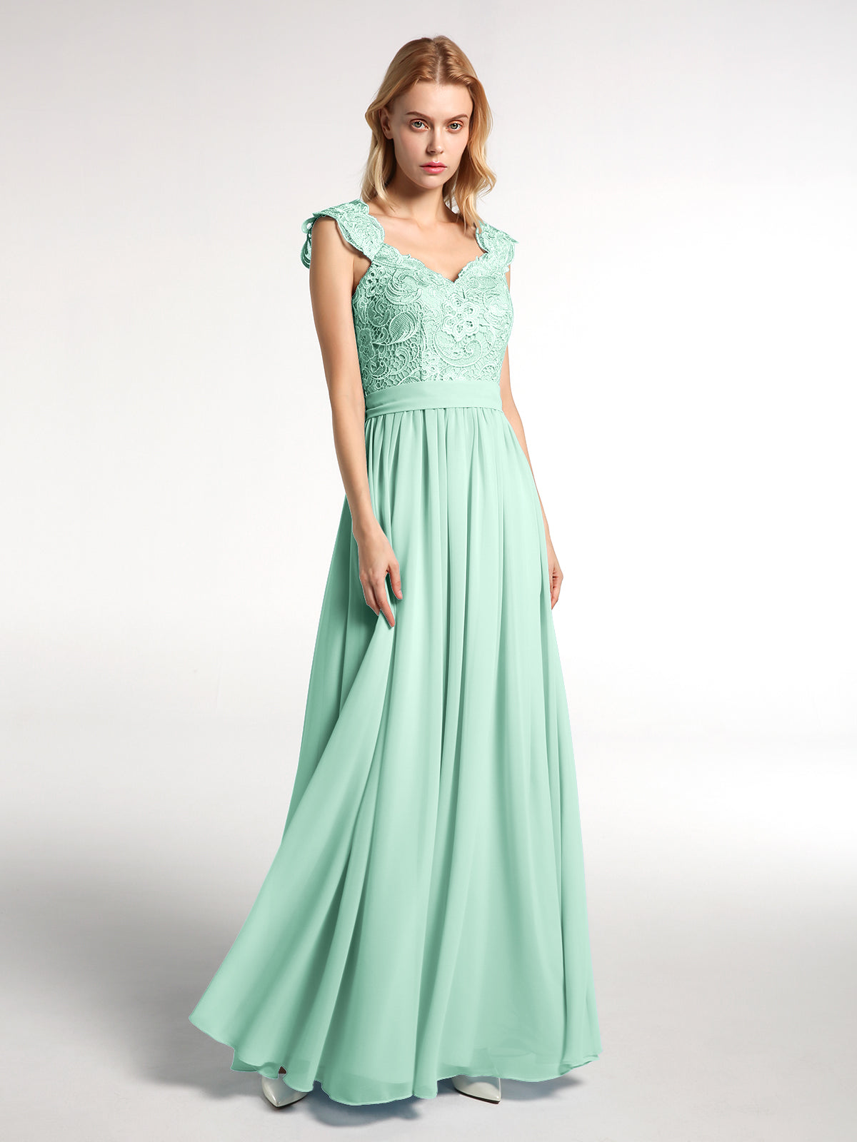 Long Chiffon Dress with Lace Appliqued Bodice-Mint Green