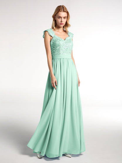 Long Chiffon Dress with Lace Appliqued Bodice-Mint Green
