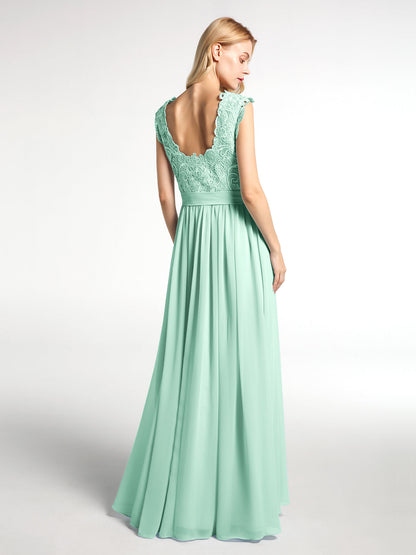 Long Chiffon Dress with Lace Appliqued Bodice-Mint Green