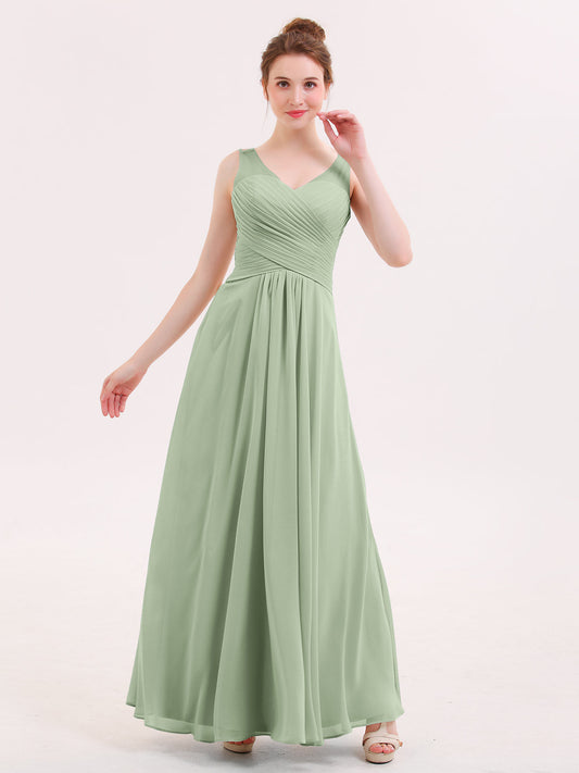 Long Bridesmaid Dresses with Pleated Bodice-Dusty Sage