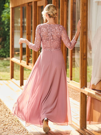 Long Sleeves Lace Top A-line Pleated Dress Dusty Rose