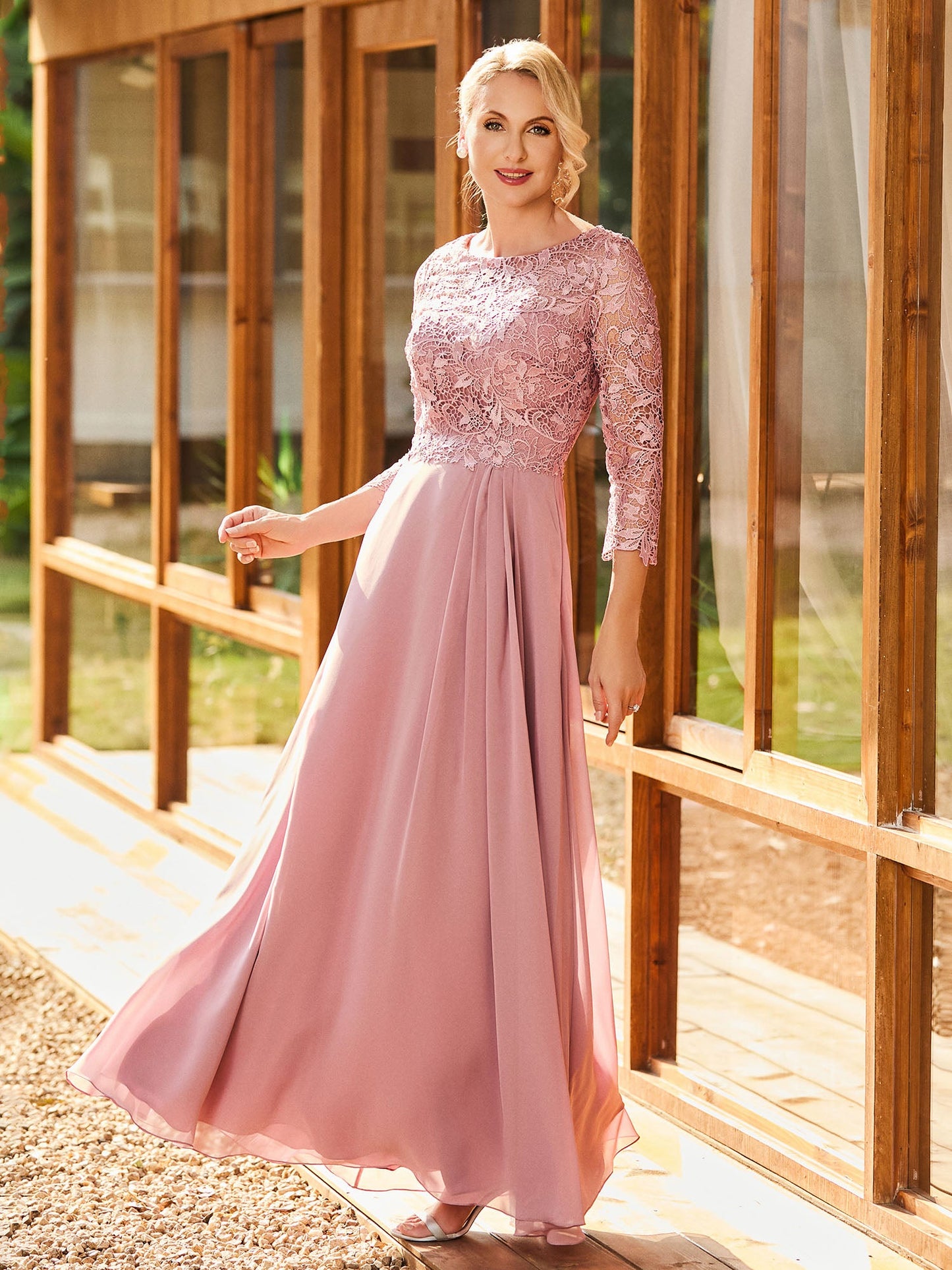 Long Sleeves Lace Top A-line Pleated Dress Dusty Rose