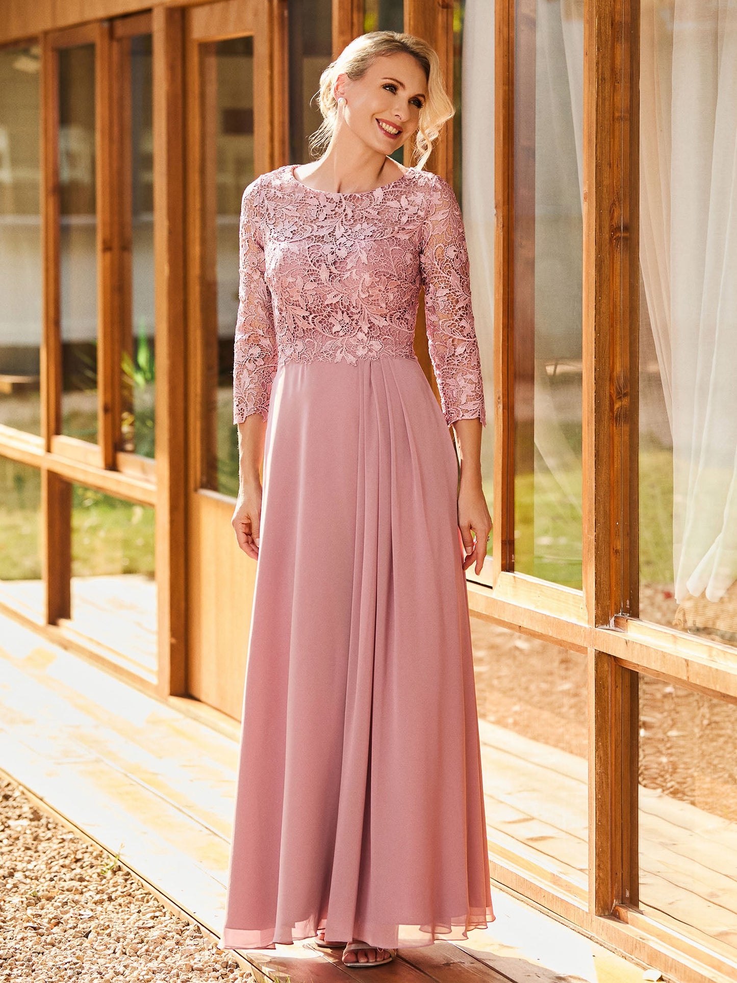 Long Sleeves Lace Top A-line Pleated Dress Dusty Rose