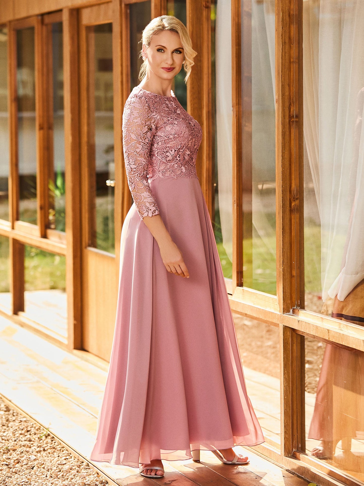 Long Sleeves Lace Top A-line Pleated Dress Dusty Rose