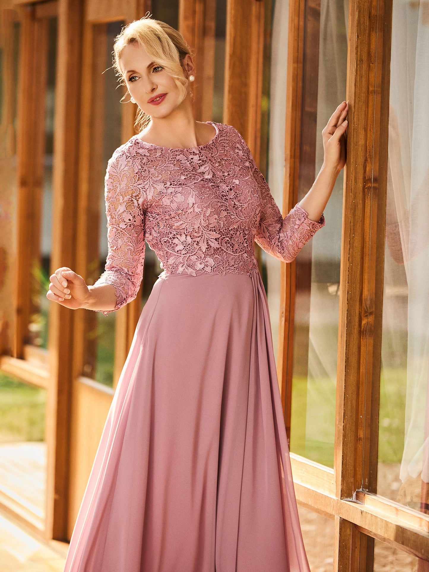 Long Sleeves Lace Top A-line Pleated Dress Dusty Rose