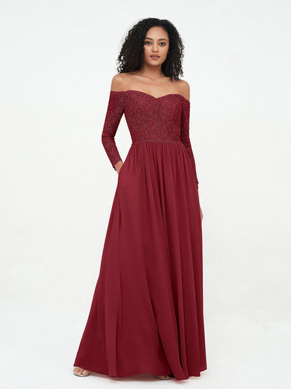 Off Shoulder Lace Top Long Sleeves Dresses-Burgundy