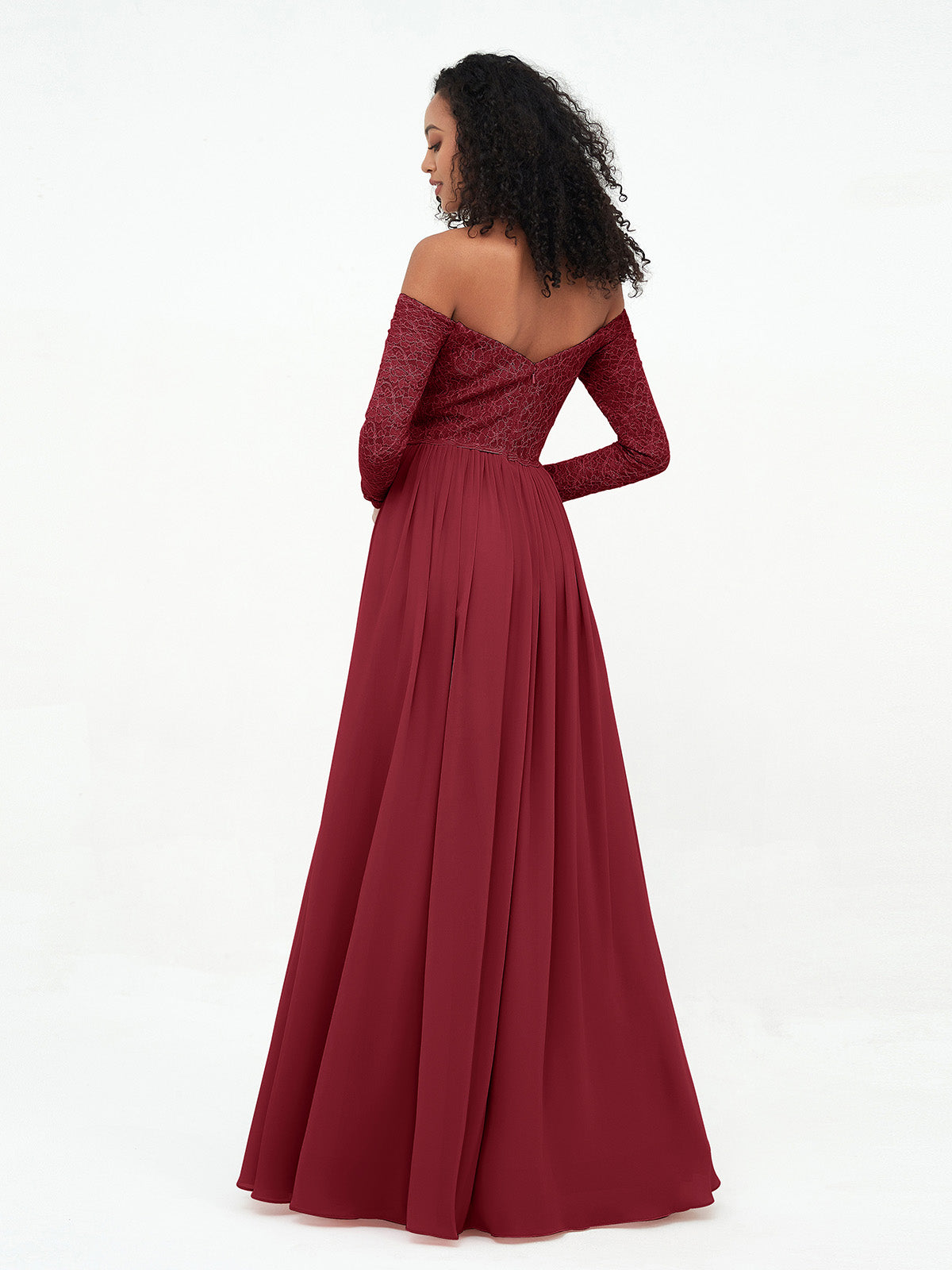 Off Shoulder Lace Top Long Sleeves Dresses-Burgundy