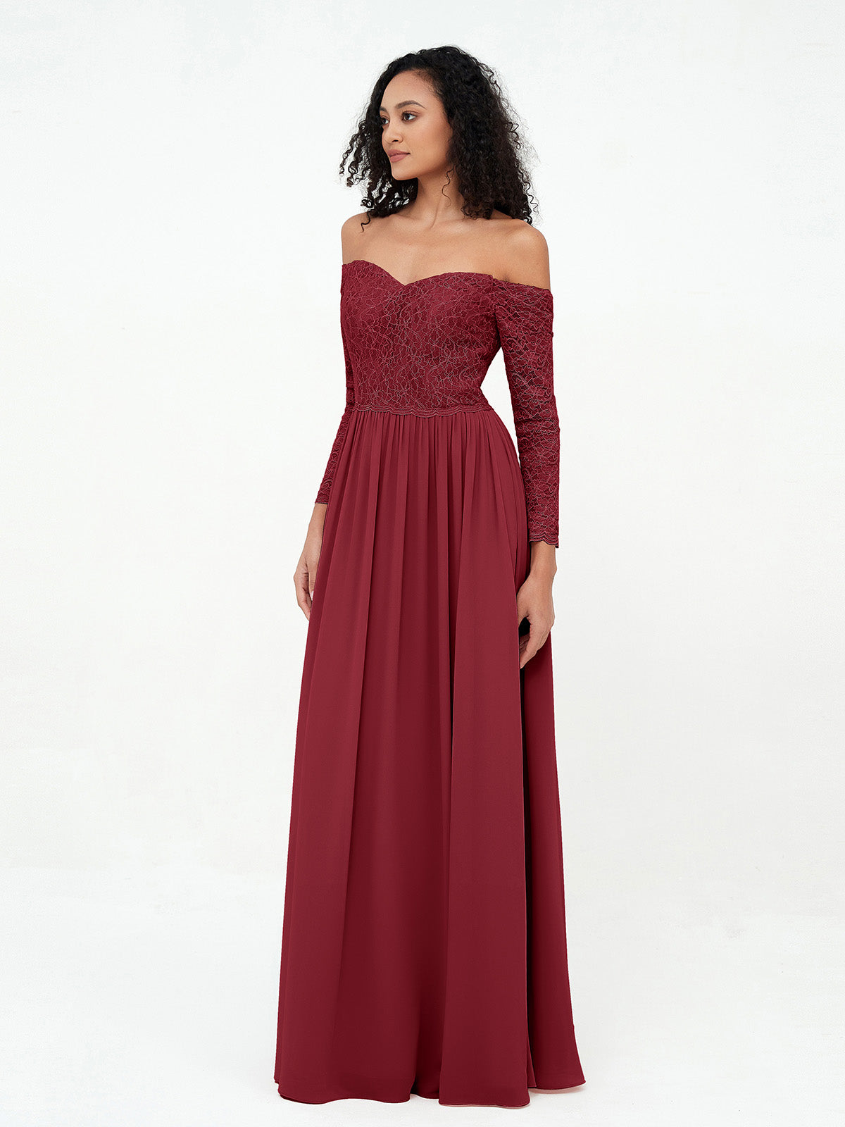 Off Shoulder Lace Top Long Sleeves Dresses-Burgundy