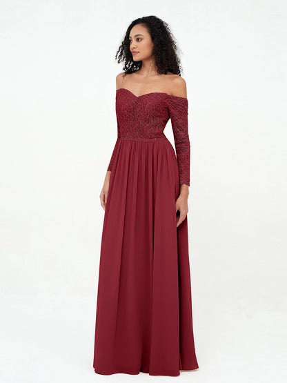 Off Shoulder Lace Top Long Sleeves Dresses-Burgundy