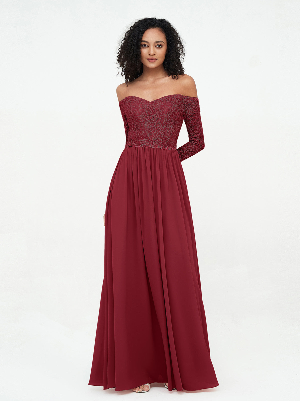 Off Shoulder Lace Top Long Sleeves Dresses-Burgundy