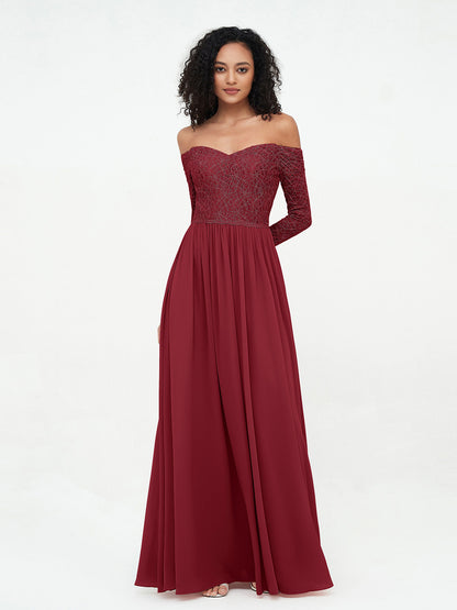 Off Shoulder Lace Top Long Sleeves Dresses-Burgundy