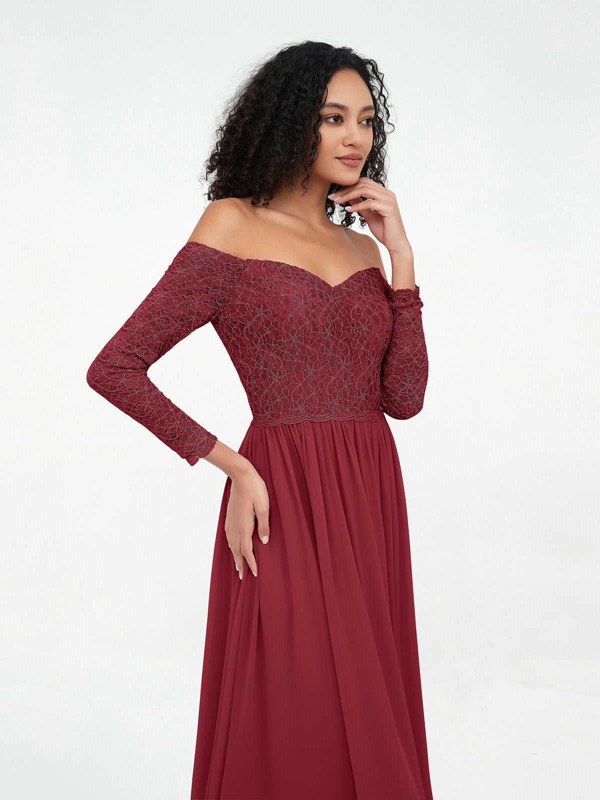 Off Shoulder Lace Top Long Sleeves Dresses-Burgundy