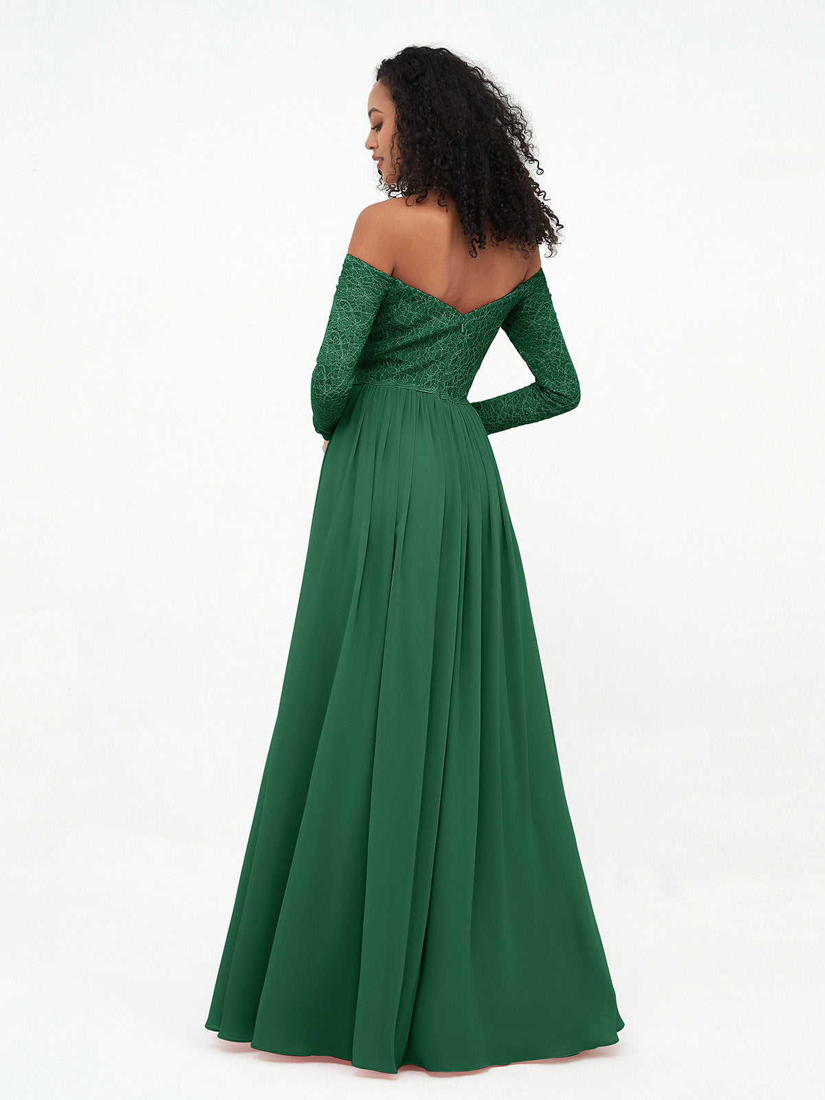 Off Shoulder Lace Top Long Sleeves Dresses-Dark Green