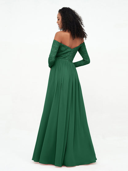 Off Shoulder Lace Top Long Sleeves Dresses-Dark Green