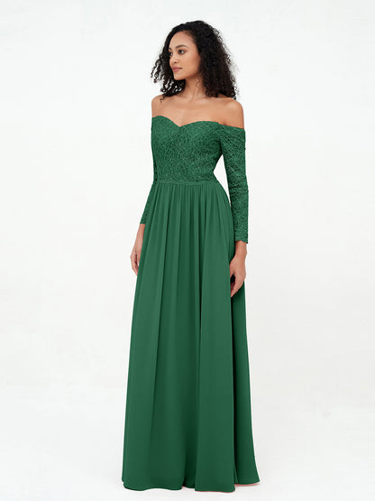 Off Shoulder Lace Top Long Sleeves Dresses-Dark Green