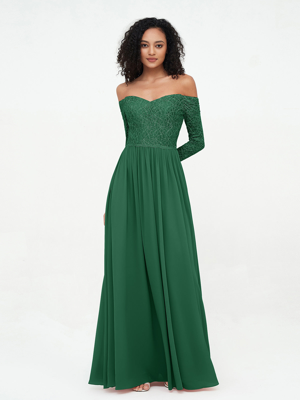 Off Shoulder Lace Top Long Sleeves Dresses-Dark Green