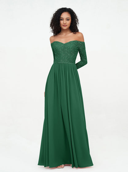 Off Shoulder Lace Top Long Sleeves Dresses-Dark Green