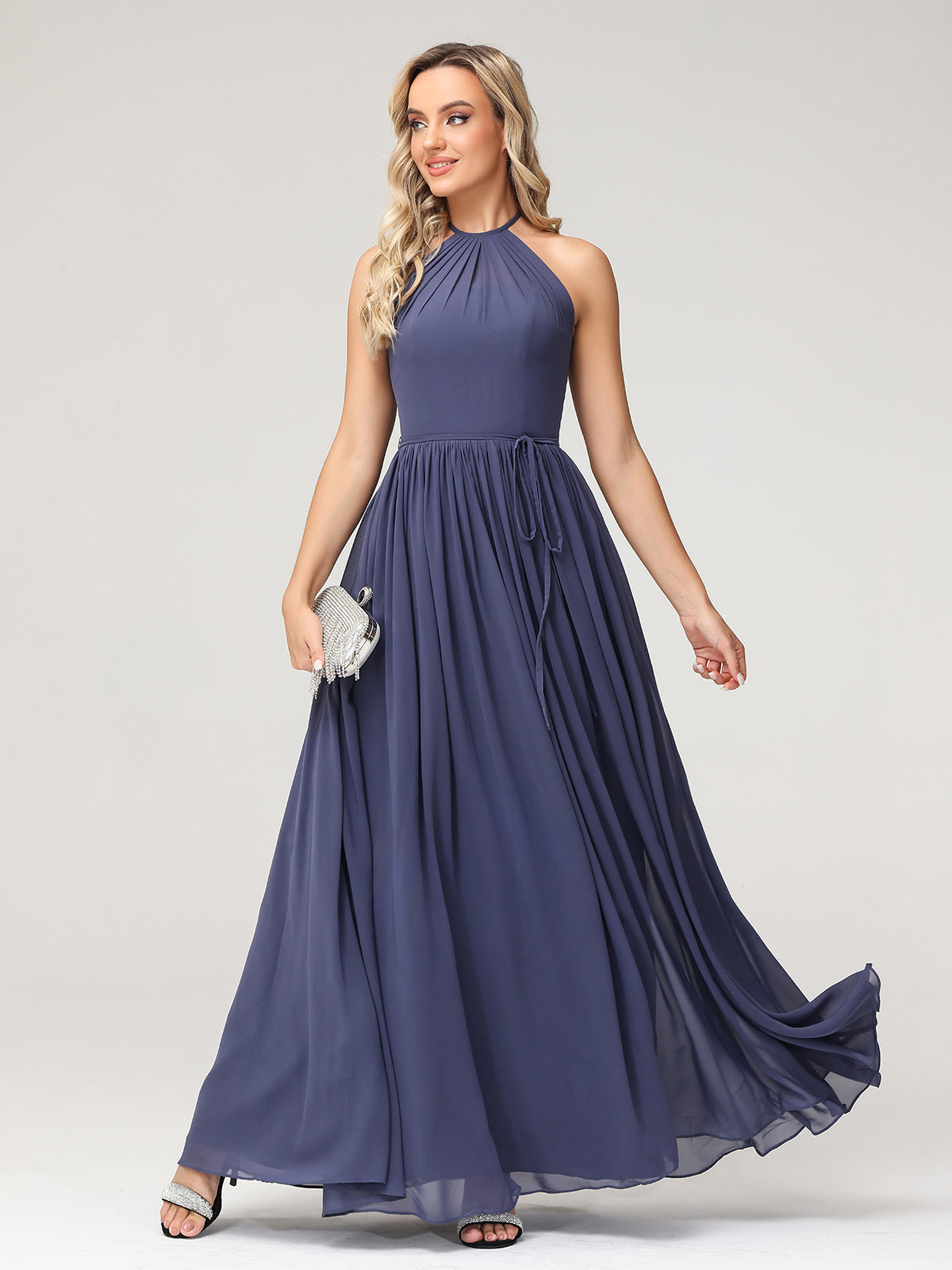 Halter High Neck Chiffon Bridesmaid Dress-Stormy