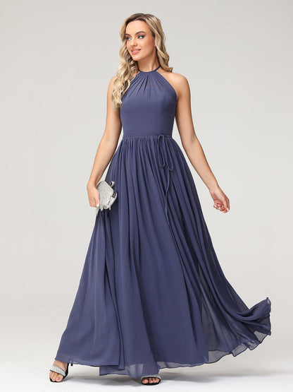 Halter High Neck Chiffon Bridesmaid Dress-Stormy