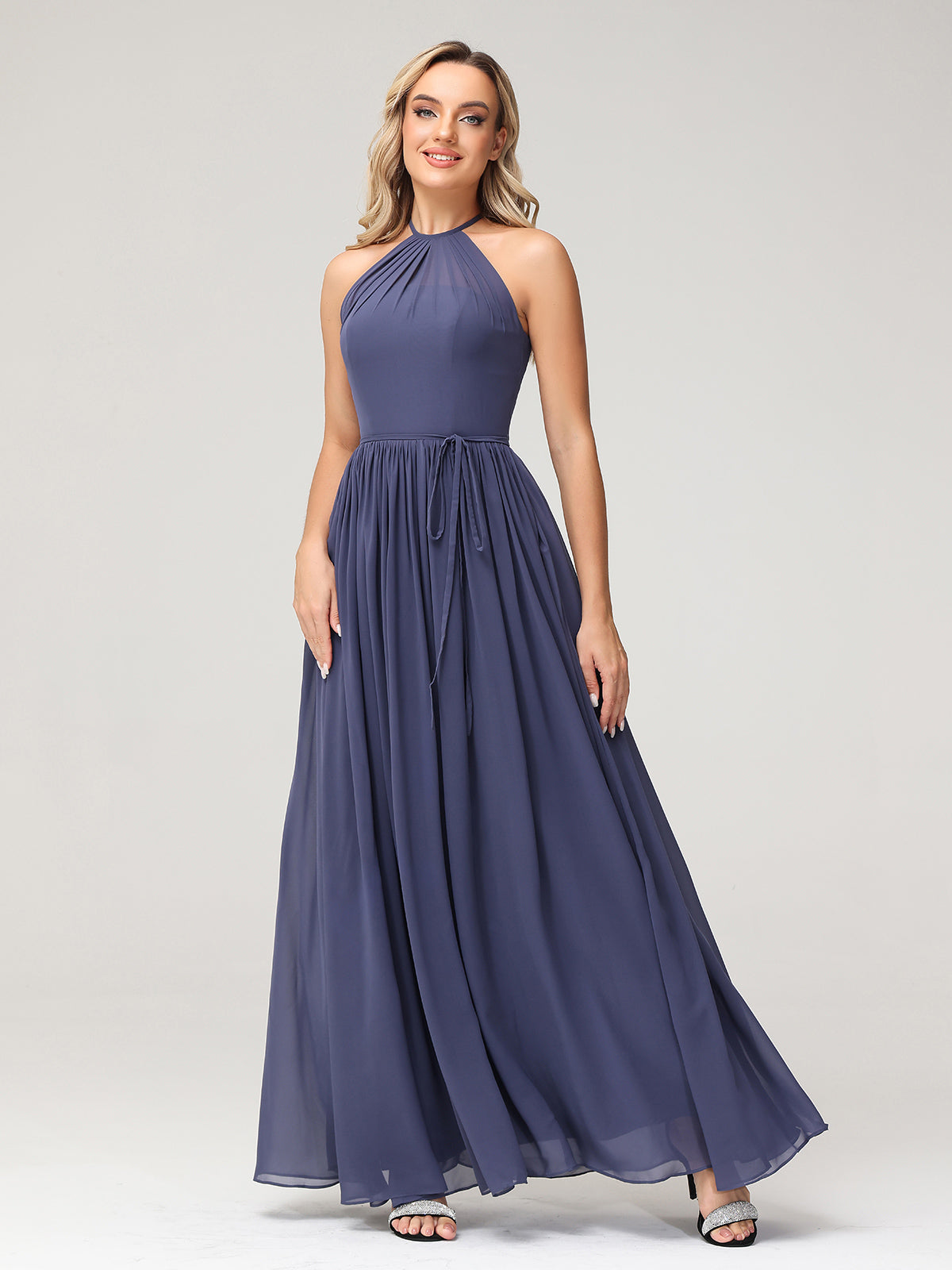 Halter High Neck Chiffon Bridesmaid Dress-Stormy