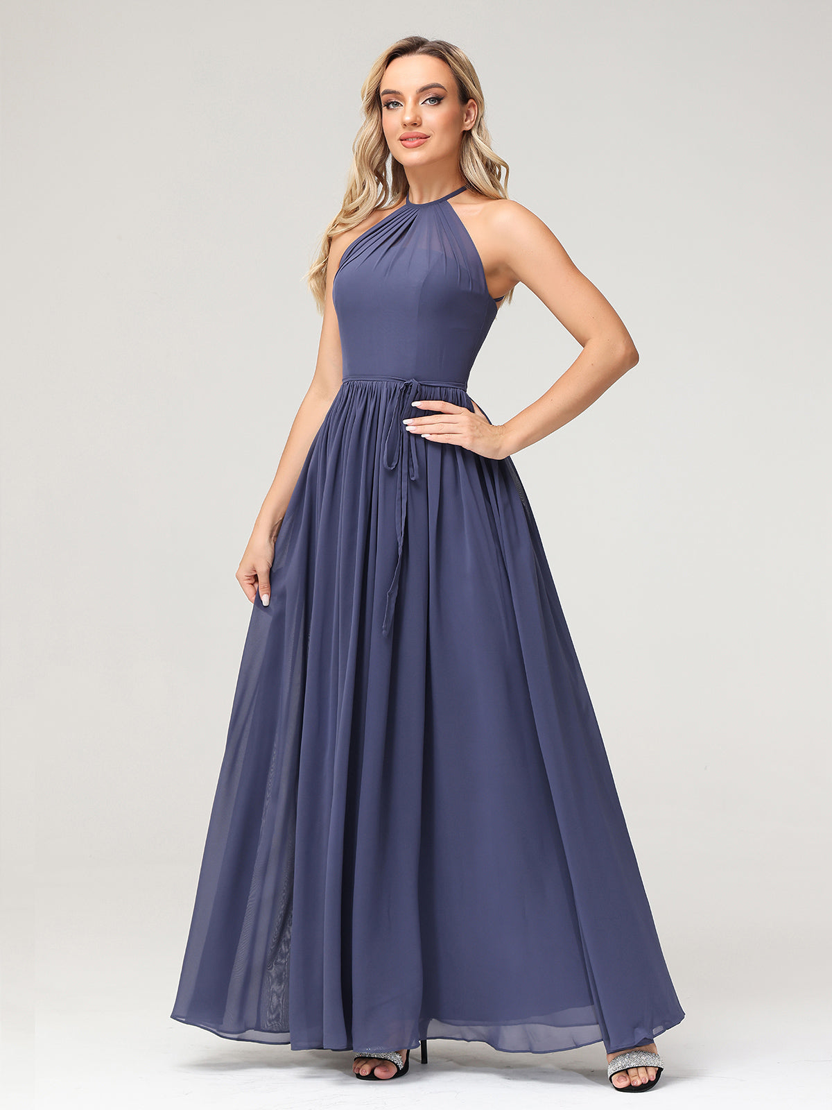 Halter High Neck Chiffon Bridesmaid Dress-Stormy