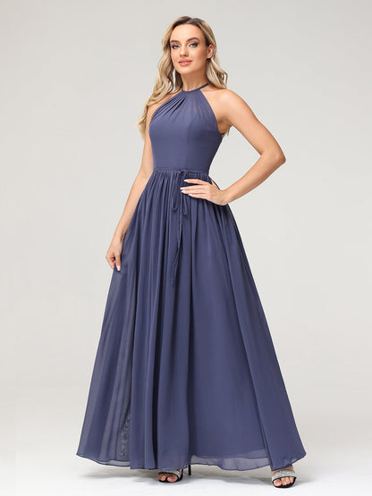 Halter High Neck Chiffon Bridesmaid Dress-Stormy