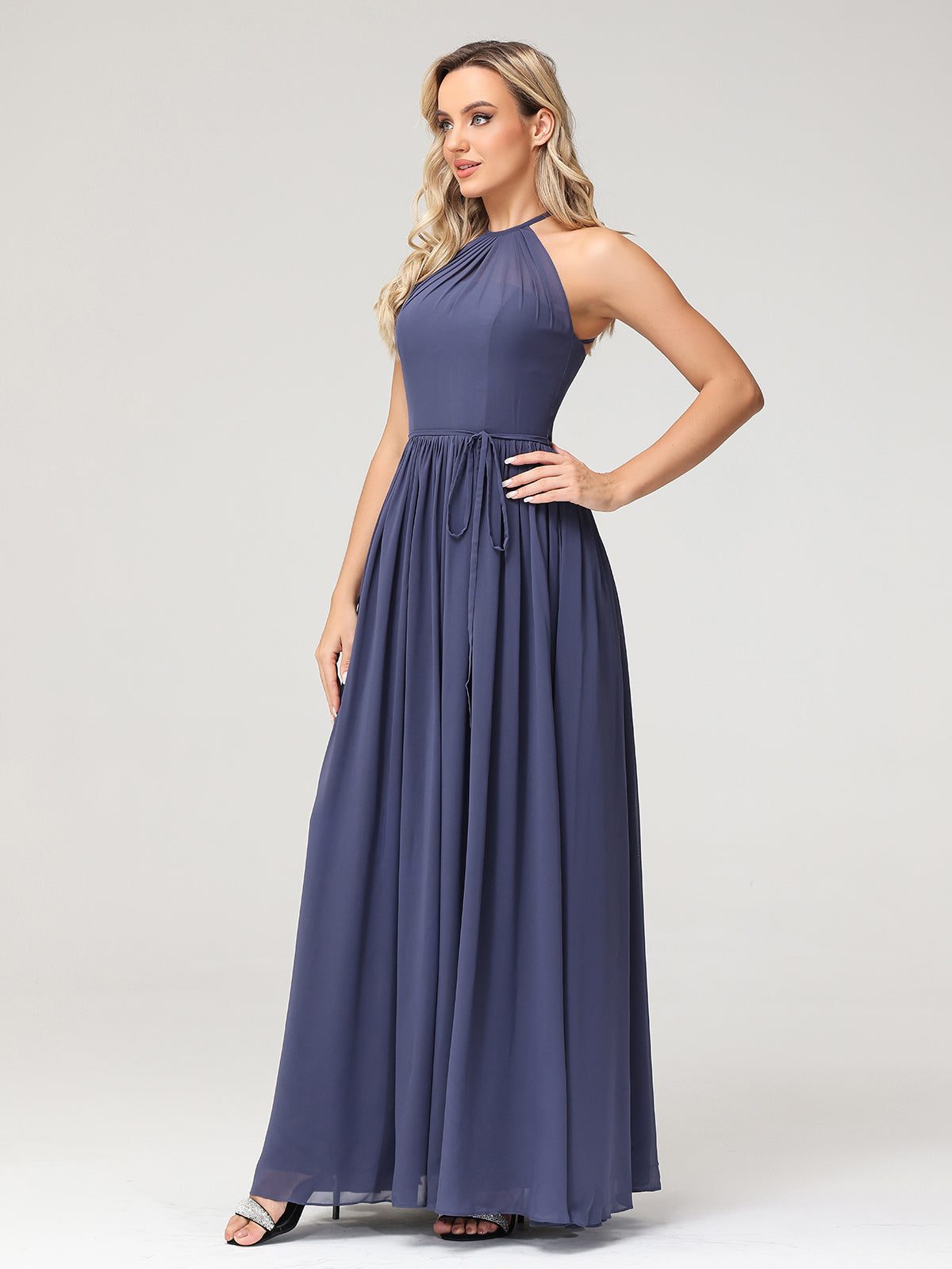 Halter High Neck Chiffon Bridesmaid Dress-Stormy