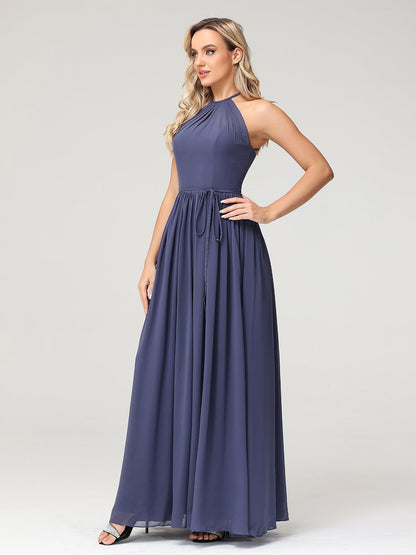 Halter High Neck Chiffon Bridesmaid Dress-Stormy