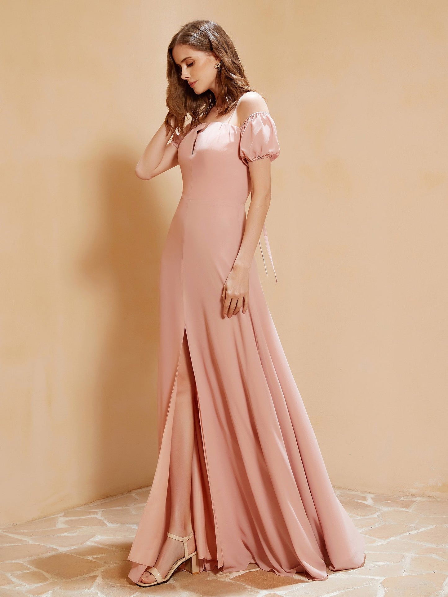 Half Sleeve Backless A-line Chiffon Dress Dusty Rose