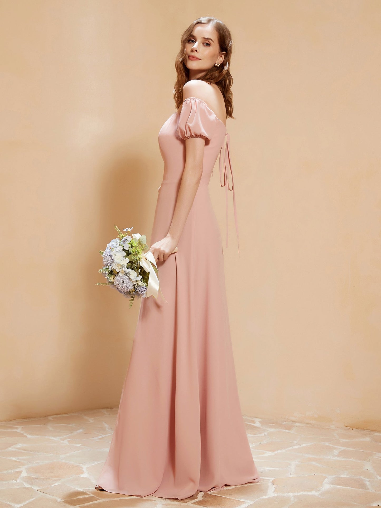 Half Sleeve Backless A-line Chiffon Dress Dusty Rose