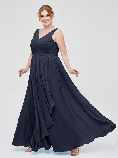 Chiffon V-neck Dress with Cascade Skirt Dark Navy