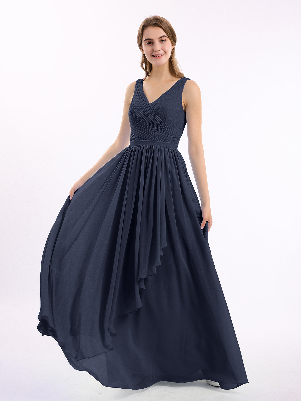 Chiffon V-neck Dress with Cascade Skirt Dark Navy