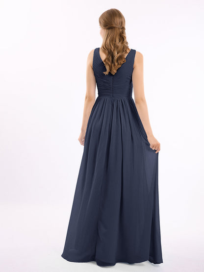 Chiffon V-neck Dress with Cascade Skirt Dark Navy