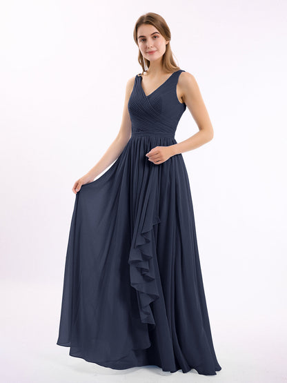 Chiffon V-neck Dress with Cascade Skirt Dark Navy