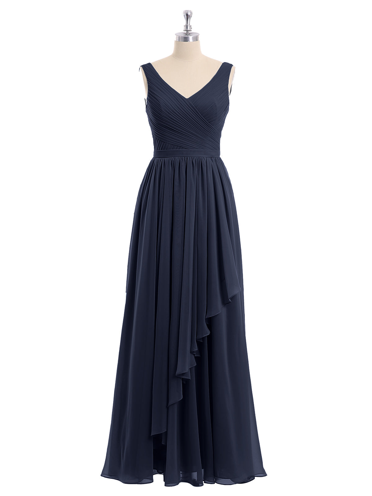Chiffon V-neck Dress with Cascade Skirt Dark Navy