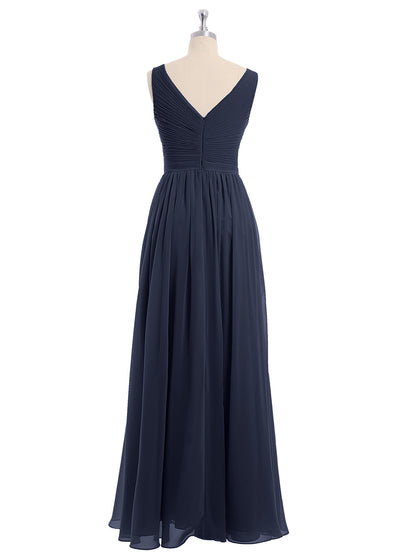 Chiffon V-neck Dress with Cascade Skirt Dark Navy